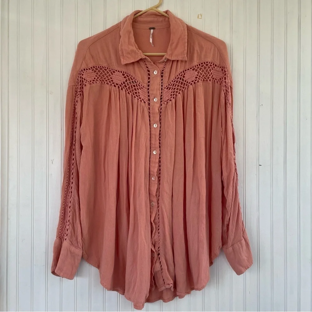 Free People Pink Orange Coral Katie Bird Long Sleeve Button Down Size Large - Picture 2 of 10